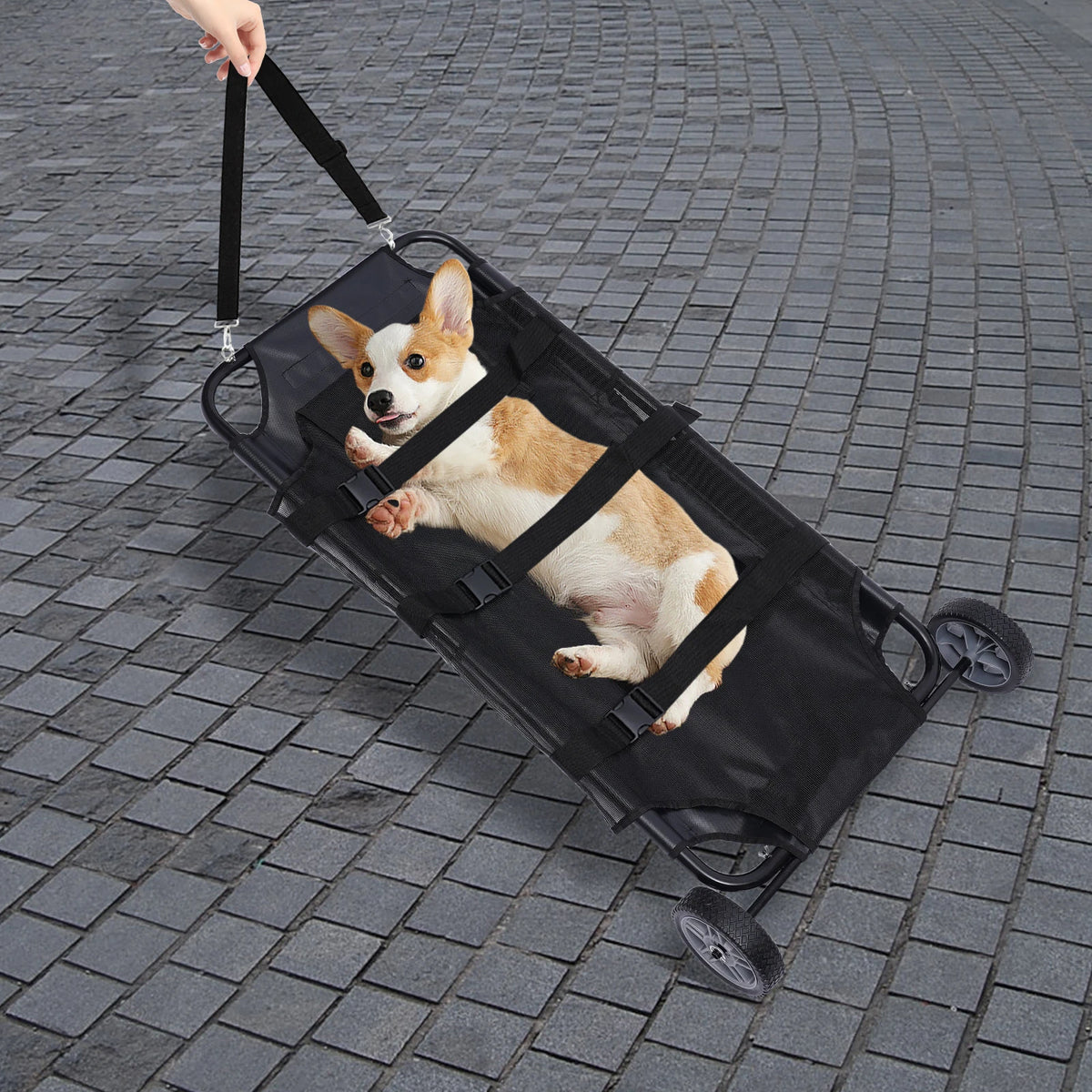 Black Pet Stretcher—Stainless Steel/Oxford Cloth 110lbs Load+Mesh Envelope 2Wheels+Adjustable Strap Foldable(25.59x25.59x3.14in)