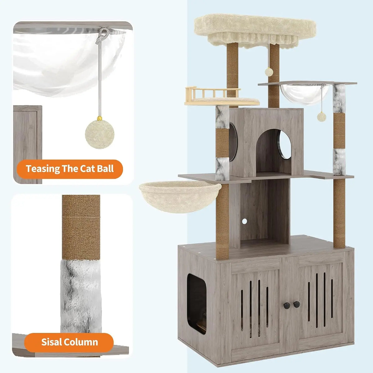 Tacleekii Cat Tree – Hidden Litter Box, Sisal Scratching Posts Multi-Level Cat Tower Soft Perch & Hammock, Ventilated Litter Cabinet, Scratching Posts For Indorr Living Room
