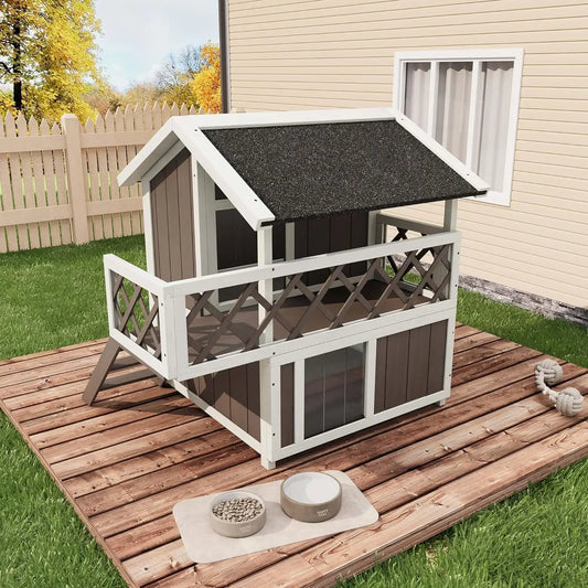 HiMISS Wooden Two Level Weatherproof Cat House With Balcony