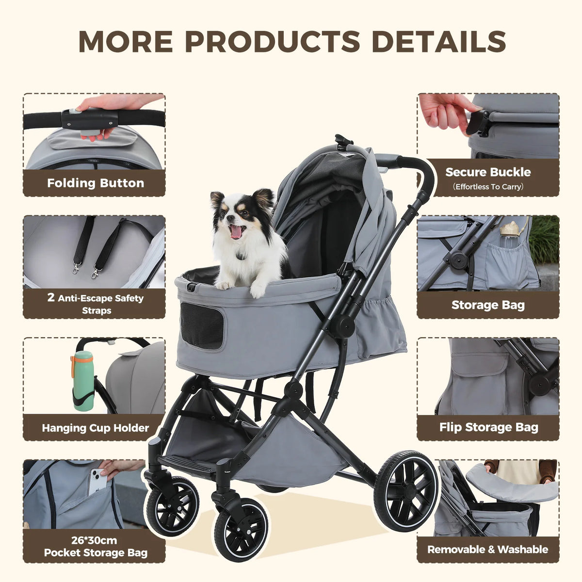Foldable Pet Stroller for Small Medium Dogs & Cats One-Click Fold Dog Stroller with Reversible Handle Storage Basket Cup Holder Safety Tether Removable Washable Pad Large Cat Stroller Pet Suplies for Outdoor