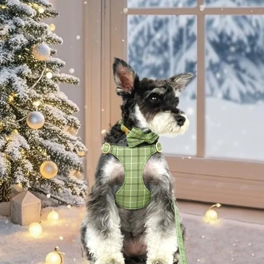Dog Harness and Leash Set With Bowtie Soft Adjustable Plaid Polyester