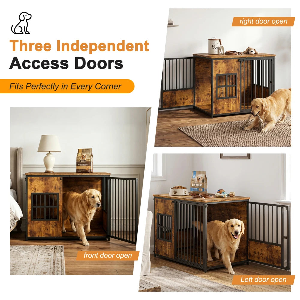 Wooden Dog Crate Furniture, Large Dog Kennel with Storage Top, Indoor Pet Cage