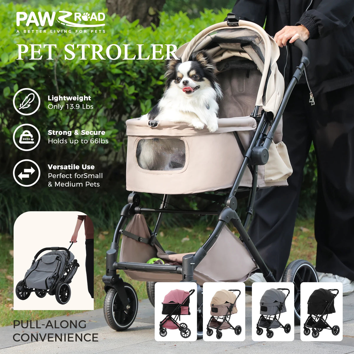 Foldable Pet Stroller for Small Medium Dogs & Cats One-Click Fold Dog Stroller with Reversible Handle Storage Basket Cup Holder Safety Tether Removable Washable Pad Large Cat Stroller Pet Suplies for Outdoor