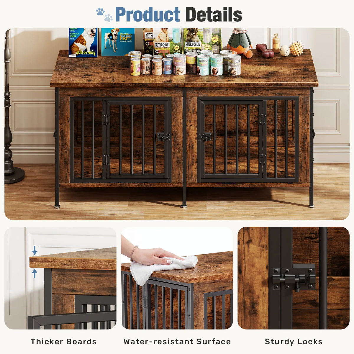 JHK Wooden Dog Kennel Furniture With Double Doors And Divider