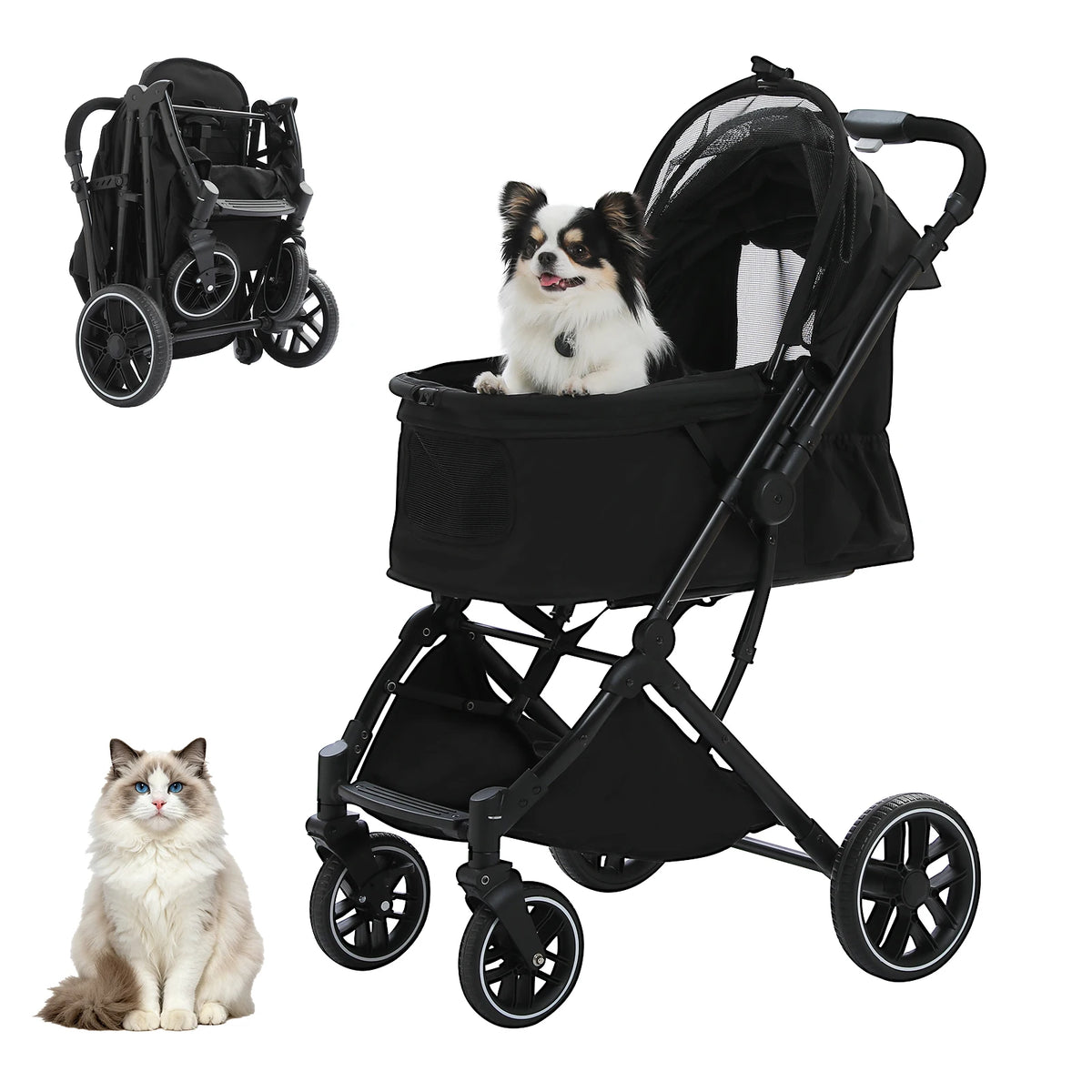 Foldable Pet Stroller for Small Medium Dogs & Cats One-Click Fold Dog Stroller with Reversible Handle Storage Basket Cup Holder Safety Tether Removable Washable Pad Large Cat Stroller Pet Suplies for Outdoor