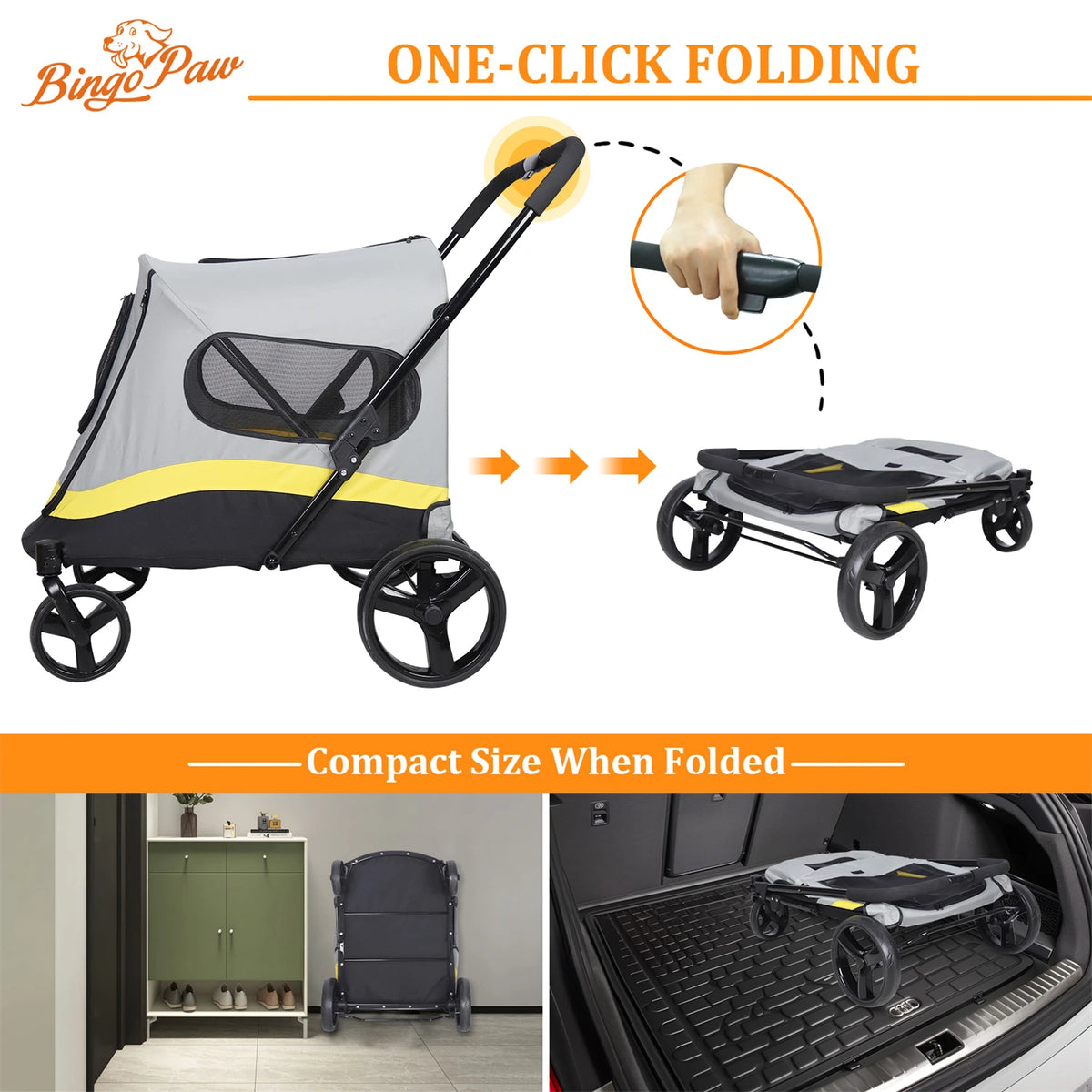 2 Sizes One-click Folding Dog Stroller 4 Wheels Dog Jogger Wagon Stroller Breathable and Visible Mesh for Small to Large Dogs Pet Jogging Carriage Stroller