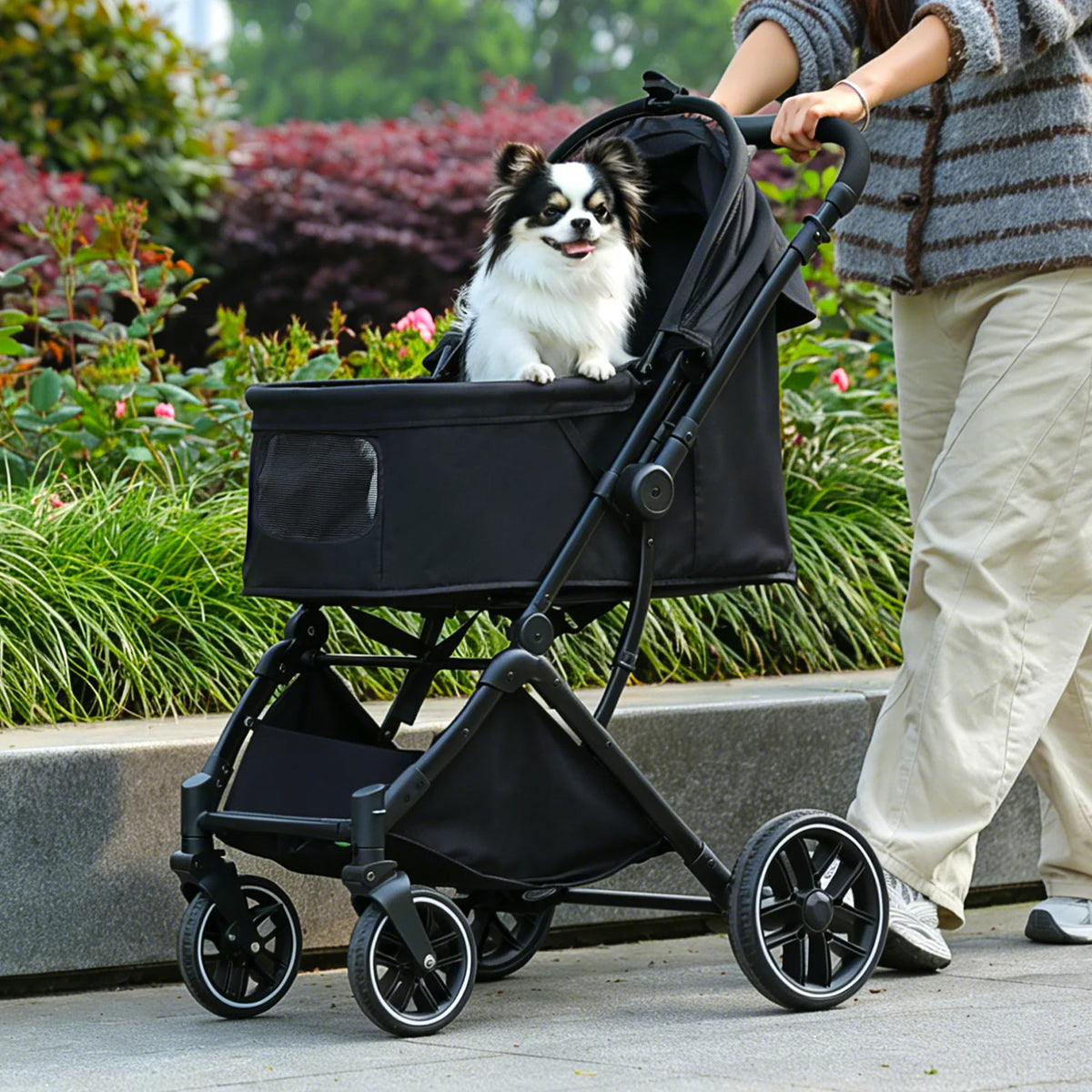 Foldable Pet Stroller for Small Medium Dogs & Cats One-Click Fold Dog Stroller with Reversible Handle Storage Basket Cup Holder Safety Tether Removable Washable Pad Large Cat Stroller Pet Suplies for Outdoor