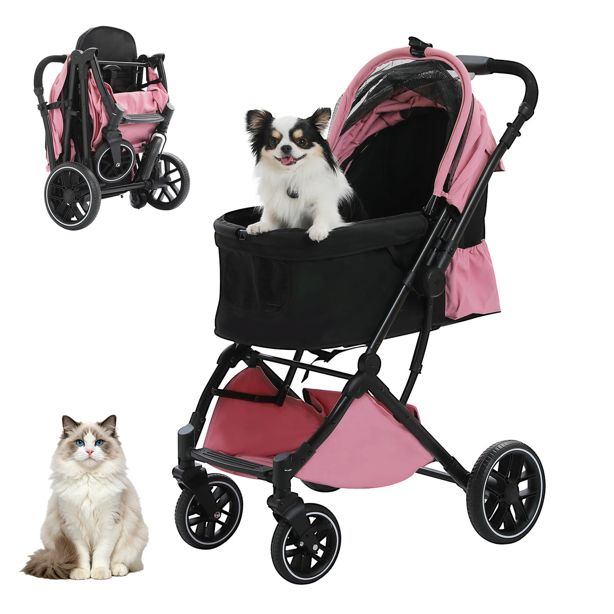 Foldable Pet Stroller for Small Medium Dogs & Cats One-Click Fold Dog Stroller with Reversible Handle Storage Basket Cup Holder Safety Tether Removable Washable Pad Large Cat Stroller Pet Suplies for Outdoor