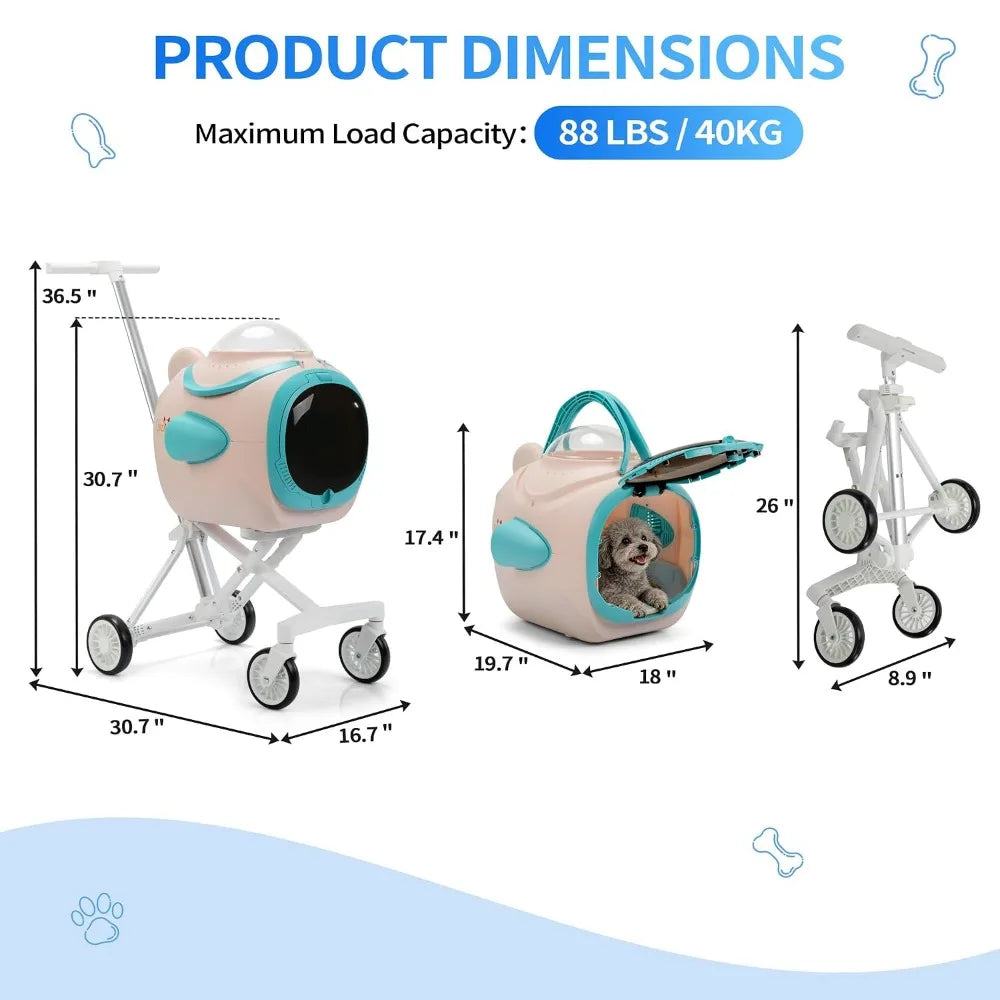 Foldable 4-Wheel Pet Stroller with Cooling Fan, Temperature Display, and Anti-Irritation Barrier for Small & Medium Dogs