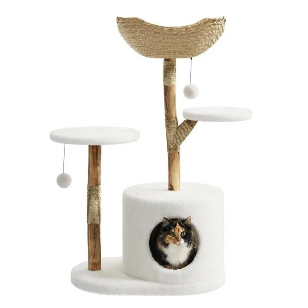 Wooden Rattan Cat Tree Tower Multi Level Climbing Activity Center