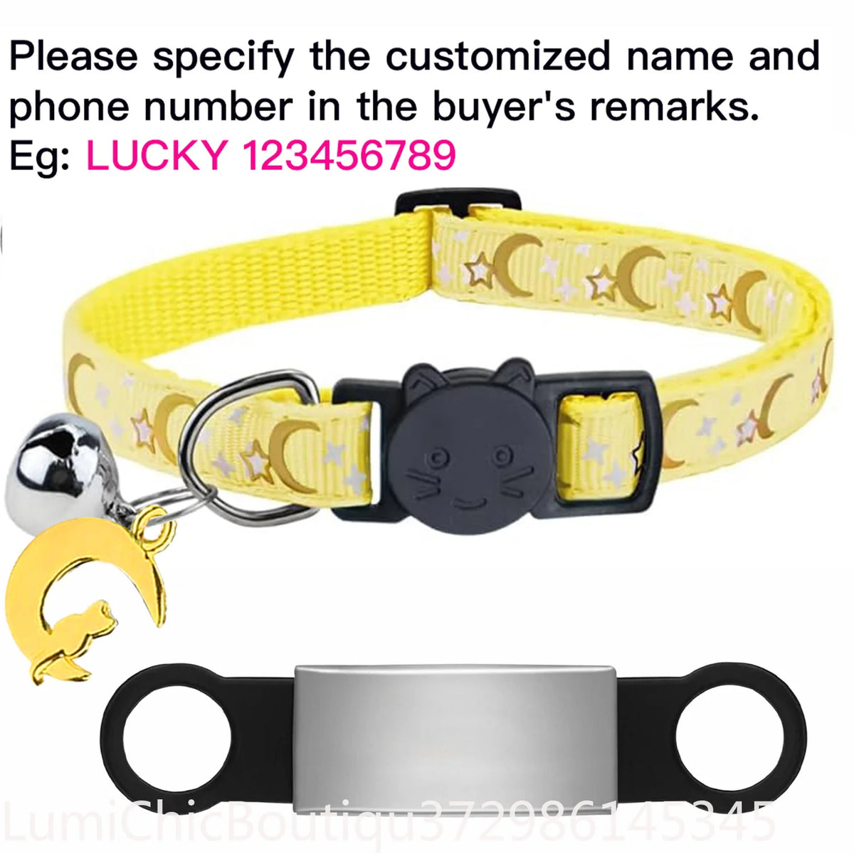 Custom Glow Cat Collar Free Engraved Anti‑Lost Pet ID Nameplate Necklace With Bell Moon Charm For Puppy Kitten Personalized Pet Safety Accessory Supply