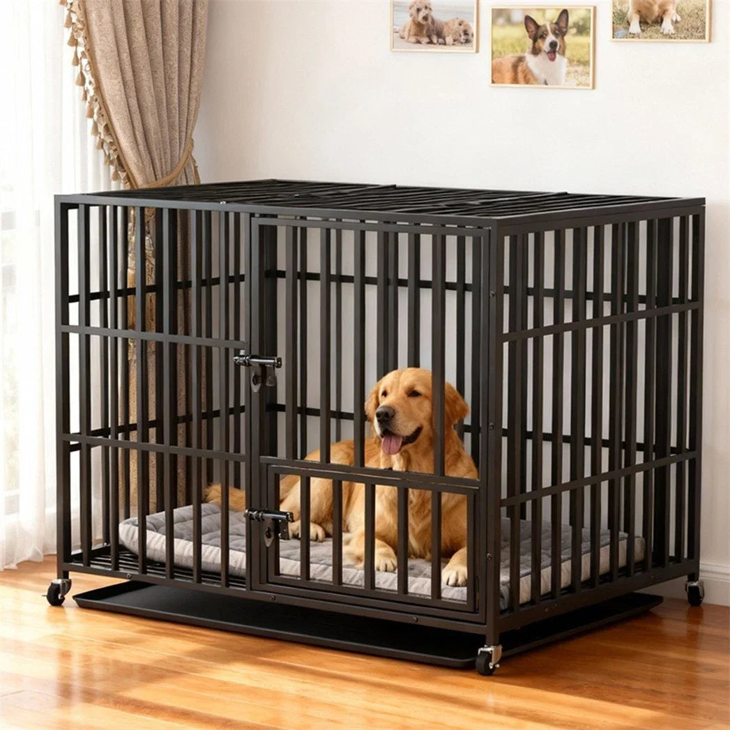Heavy Duty Metal Dog Crate 3 Doors with Locks, Kennel Playpen on 4 Lockable Wheels, Removable Tray