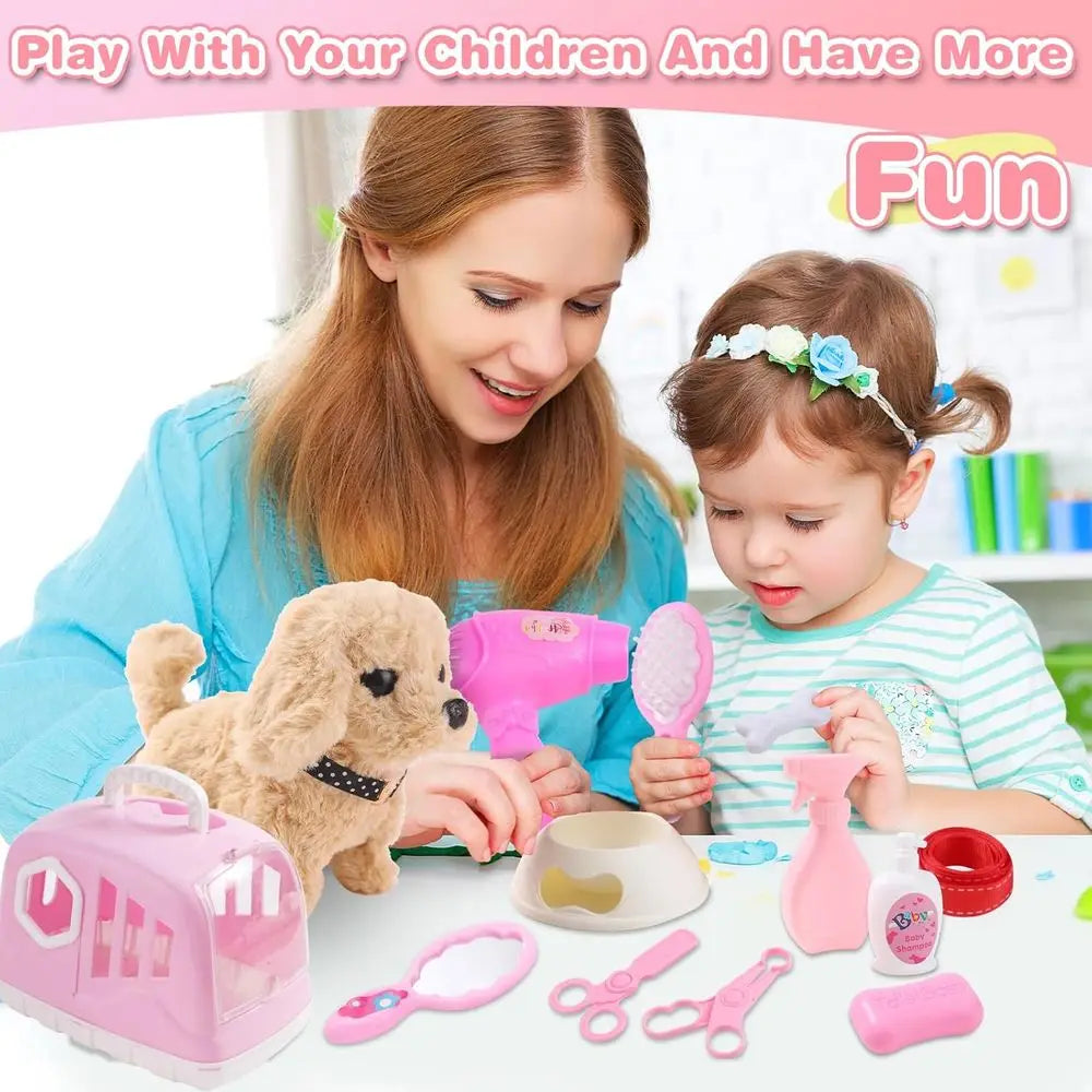 14PCS Interactive Plush Puppy Toy with Carrier and Accessories, Pet Care Toy Set for Kids, Suitable for Girls and Boys 3-6 Years