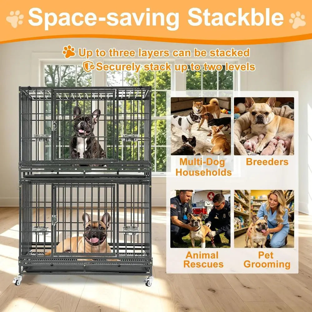 Two Tiers 37 Inch Dog Crate, Ese Proo Dog Cage Kennel Indoor with Top Accand Lockable Wheels, Removable Tray, Heavy Duty Dog Cra