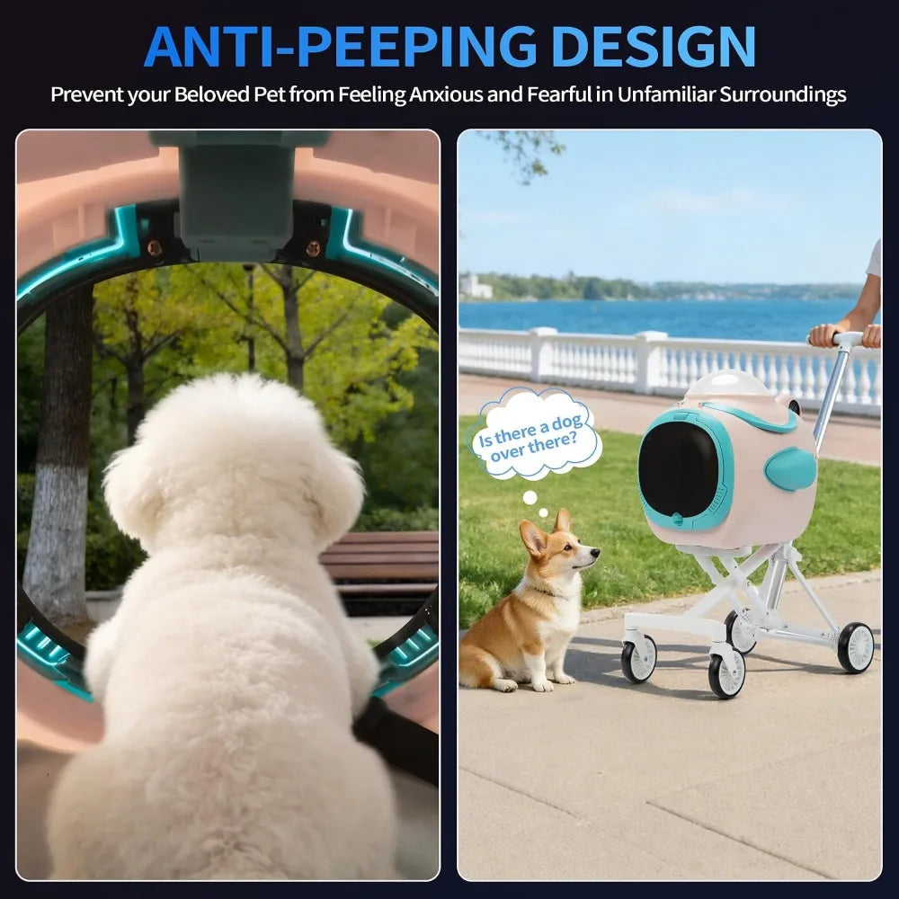Foldable 4-Wheel Pet Stroller with Cooling Fan, Temperature Display, and Anti-Irritation Barrier for Small & Medium Dogs