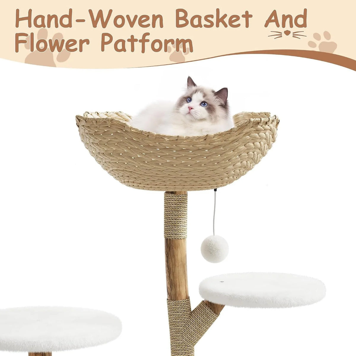 Wooden Rattan Cat Tree Tower Multi Level Climbing Activity Center