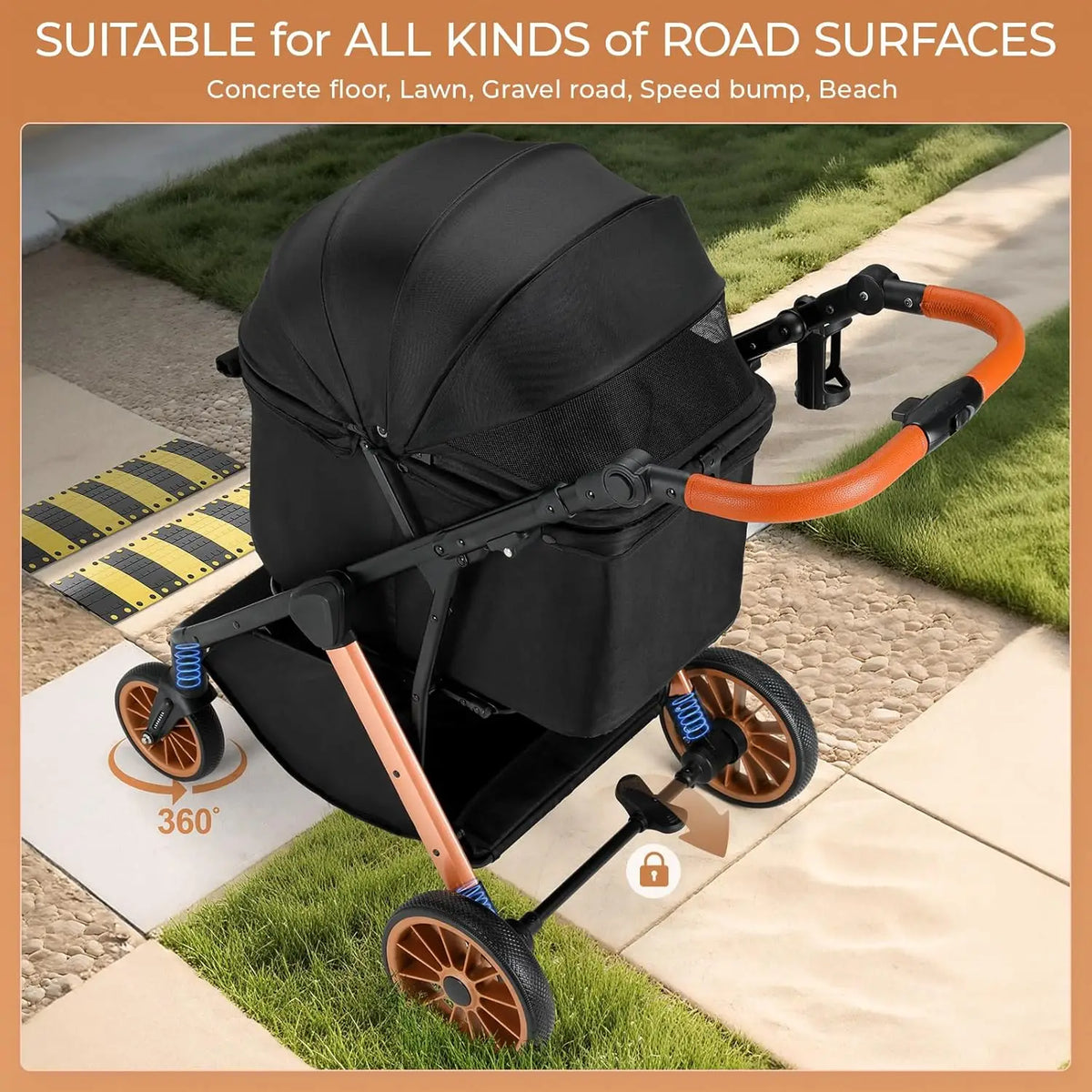 Foldable Pet Stroller for Medium Dog Cat,Pet Travel Carrier,Adjustable Handle with Sun Shade,Shock Absorbers,All-Terrain
