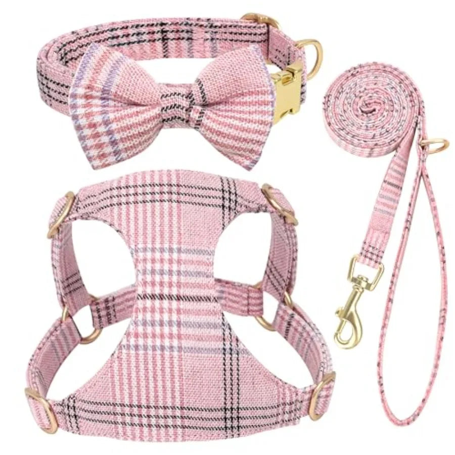 Dog Harness and Leash Set With Bowtie Soft Adjustable Plaid Polyester