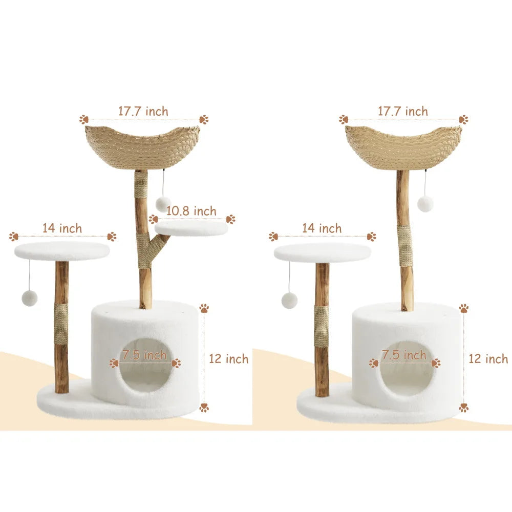 Wooden Rattan Cat Tree Tower Multi Level Climbing Activity Center