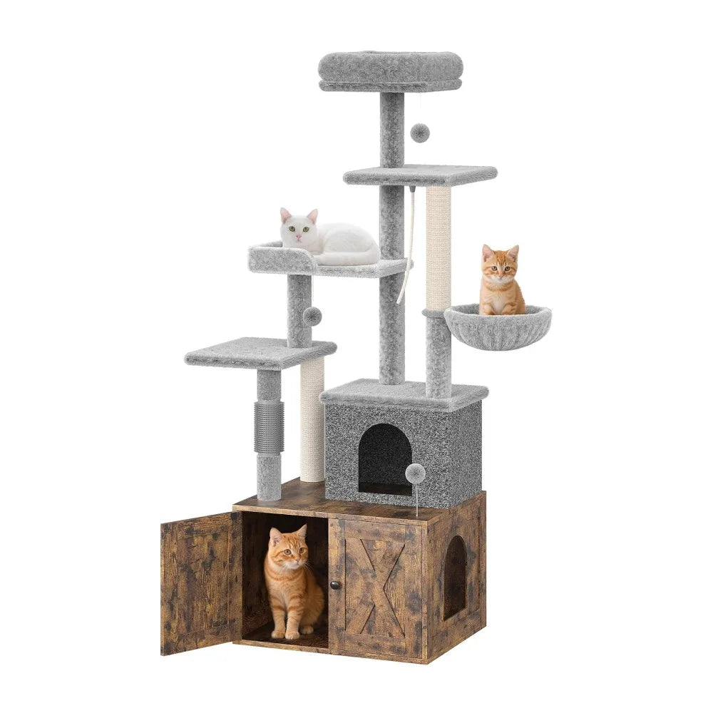 Modern Cat Tree With Hidden Litter Box Enclosure And Condo