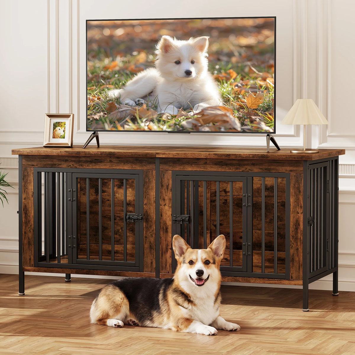 JHK Wooden Dog Kennel Furniture With Double Doors And Divider