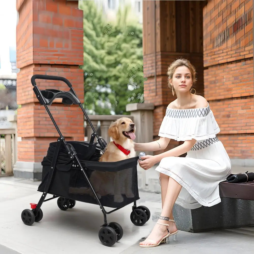 4 Wheels Dog Cat Stroller, Outdoor Travel Pet Folding Stroller, Dog Cat Cage Stroller with Cup Holder for Dog
