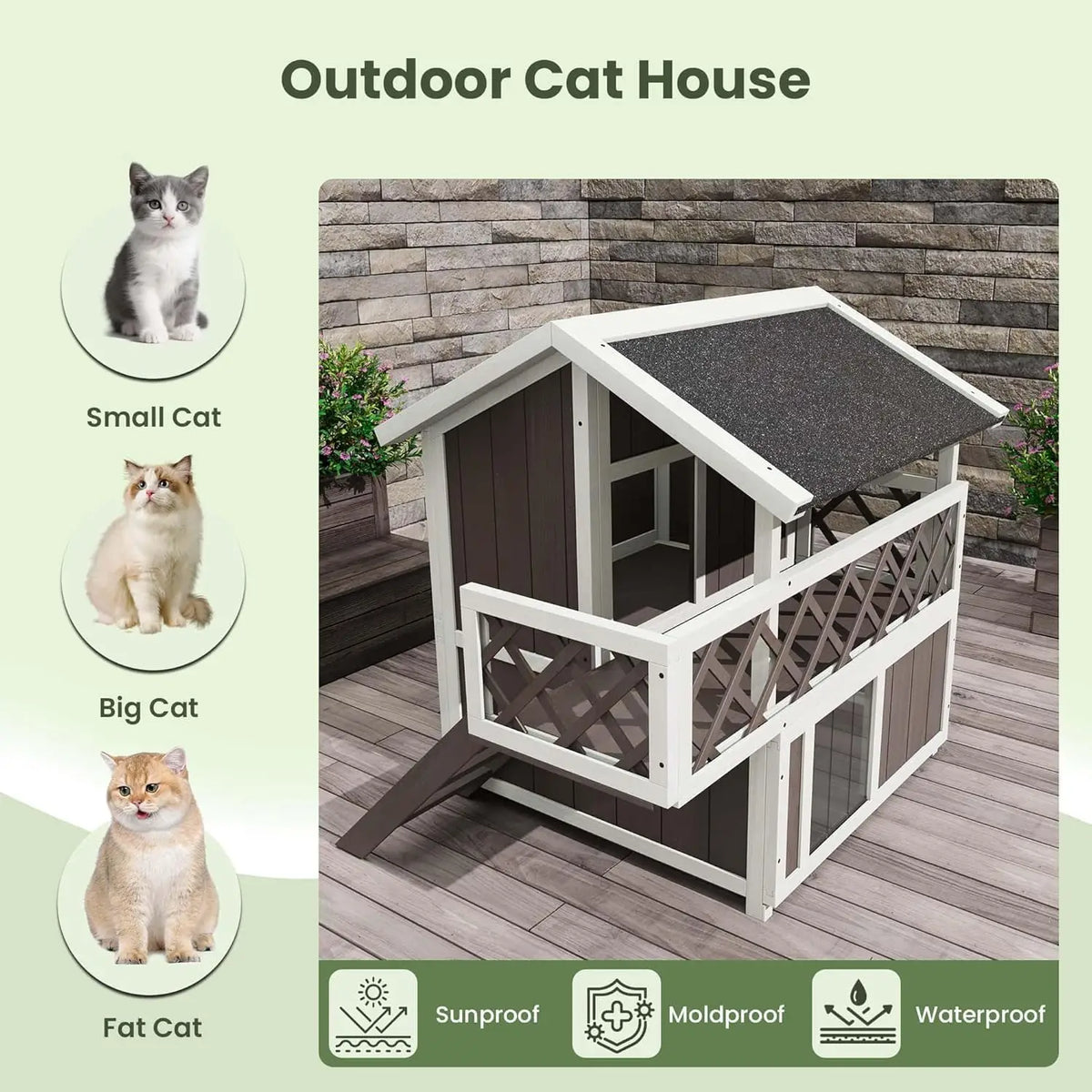 HiMISS Wooden Two Level Weatherproof Cat House With Balcony