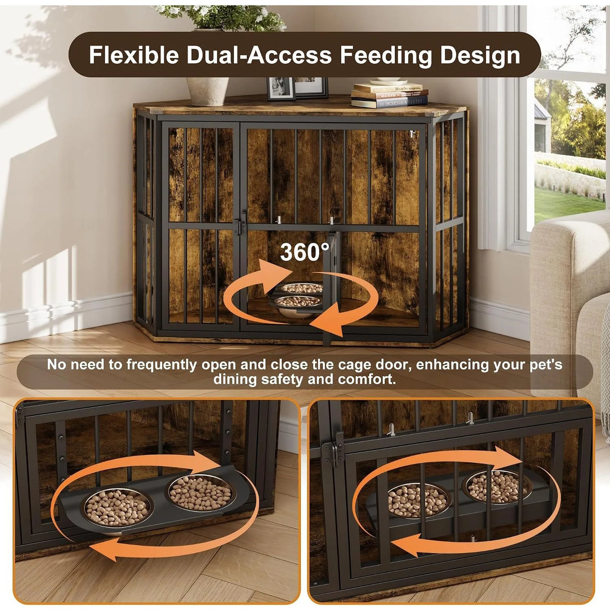 Wooden Corner Dog Crate Furniture With Double Doors Lockable Cage