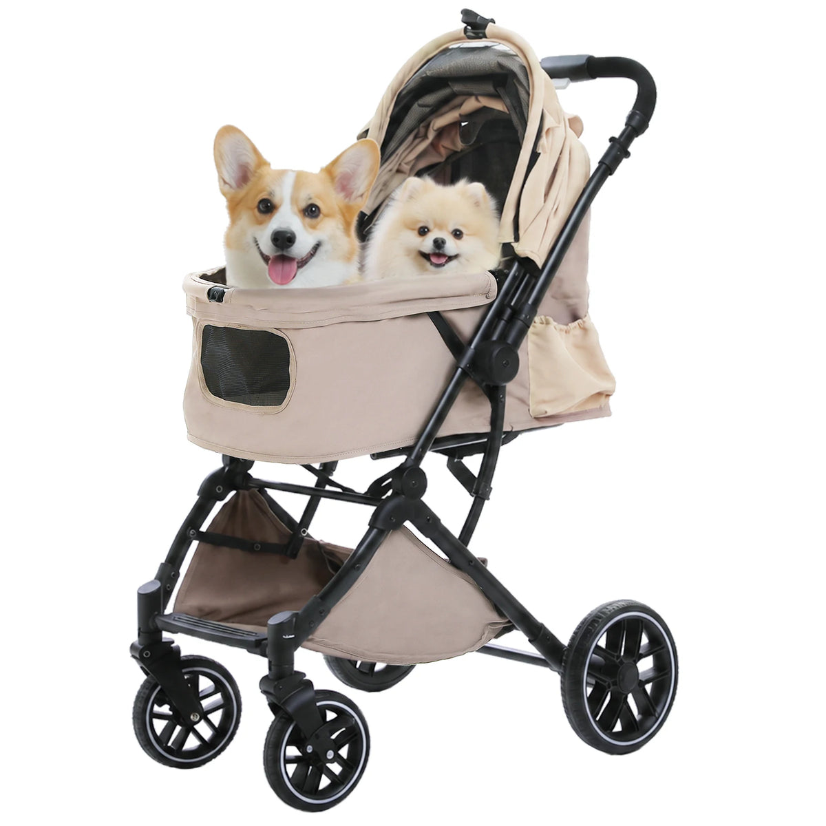 Foldable Pet Stroller for Small Medium Dogs & Cats One-Click Fold Dog Stroller with Reversible Handle Storage Basket Cup Holder Safety Tether Removable Washable Pad Large Cat Stroller Pet Suplies for Outdoor
