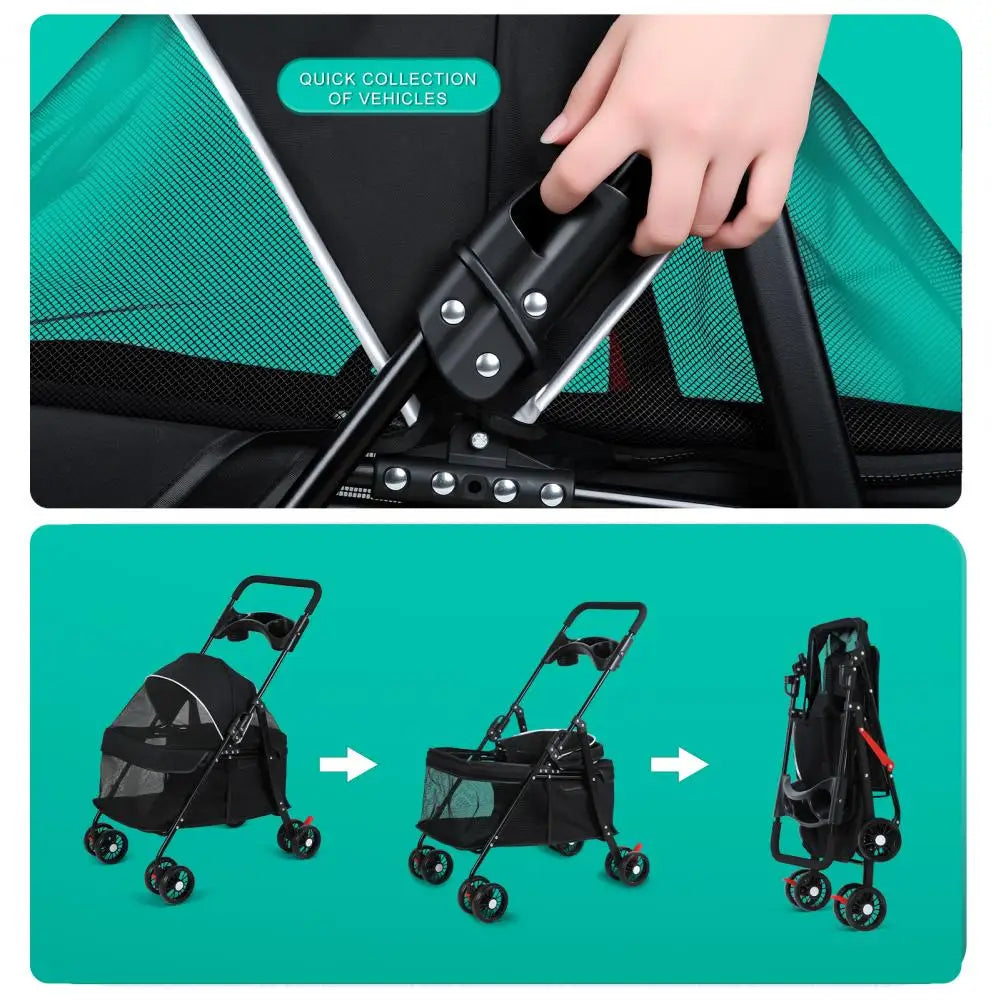 4 Wheels Dog Cat Stroller Outdoor Travel Pet Folding Stroller Dog Cat Cage Stroller with Cup Holder for Medium Small Dog
