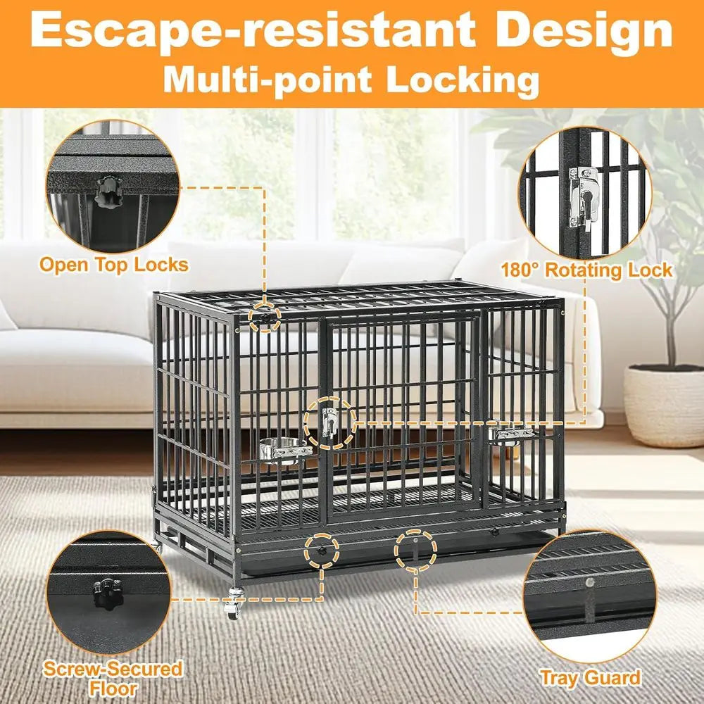 Two Tiers 37 Inch Dog Crate, Ese Proo Dog Cage Kennel Indoor with Top Accand Lockable Wheels, Removable Tray, Heavy Duty Dog Cra