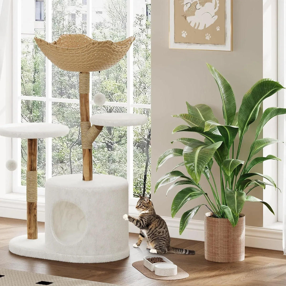 Wooden Rattan Cat Tree Tower Multi Level Climbing Activity Center