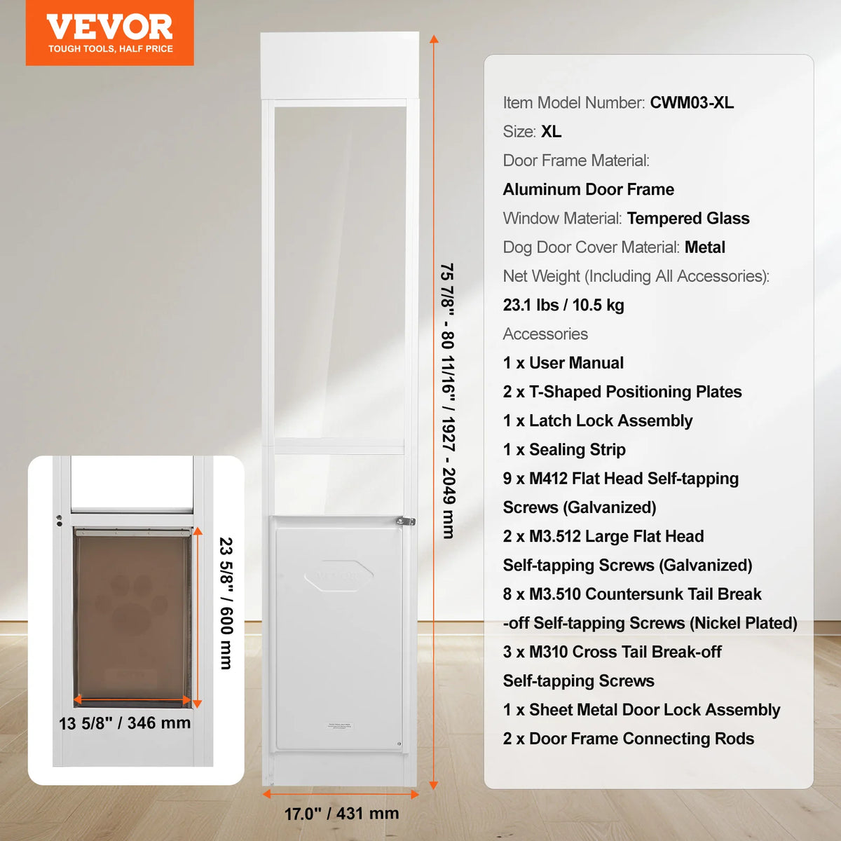 SucceBuy Dog Door Sliding Glass Door Adjustable Height Doggy Door Sliding Doors Aluminum Frame Tempered Glass Pet Door