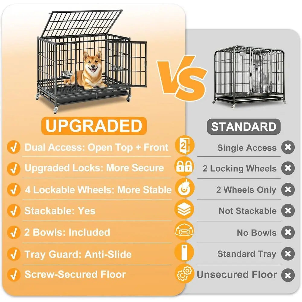 Two Tiers 37 Inch Dog Crate, Ese Proo Dog Cage Kennel Indoor with Top Accand Lockable Wheels, Removable Tray, Heavy Duty Dog Cra