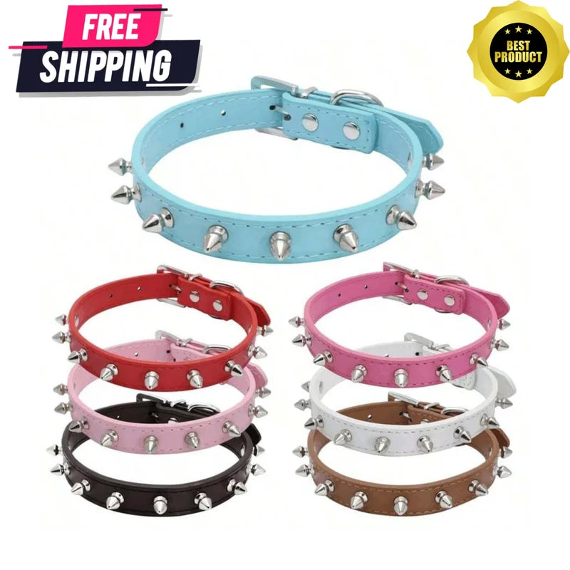 Dog Cats Spiked Collar PU Leather Adjustable Pets Necklace Studded Rivet Collar