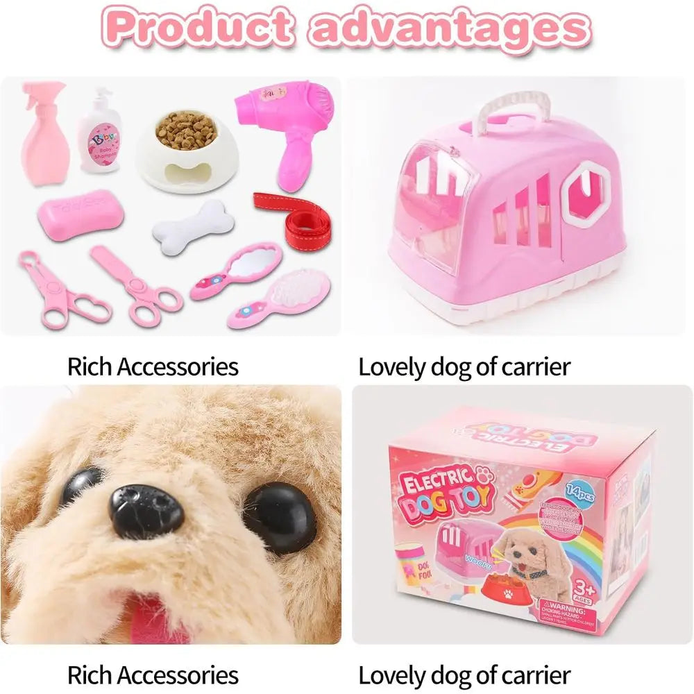 14PCS Interactive Plush Puppy Toy with Carrier and Accessories, Pet Care Toy Set for Kids, Suitable for Girls and Boys 3-6 Years