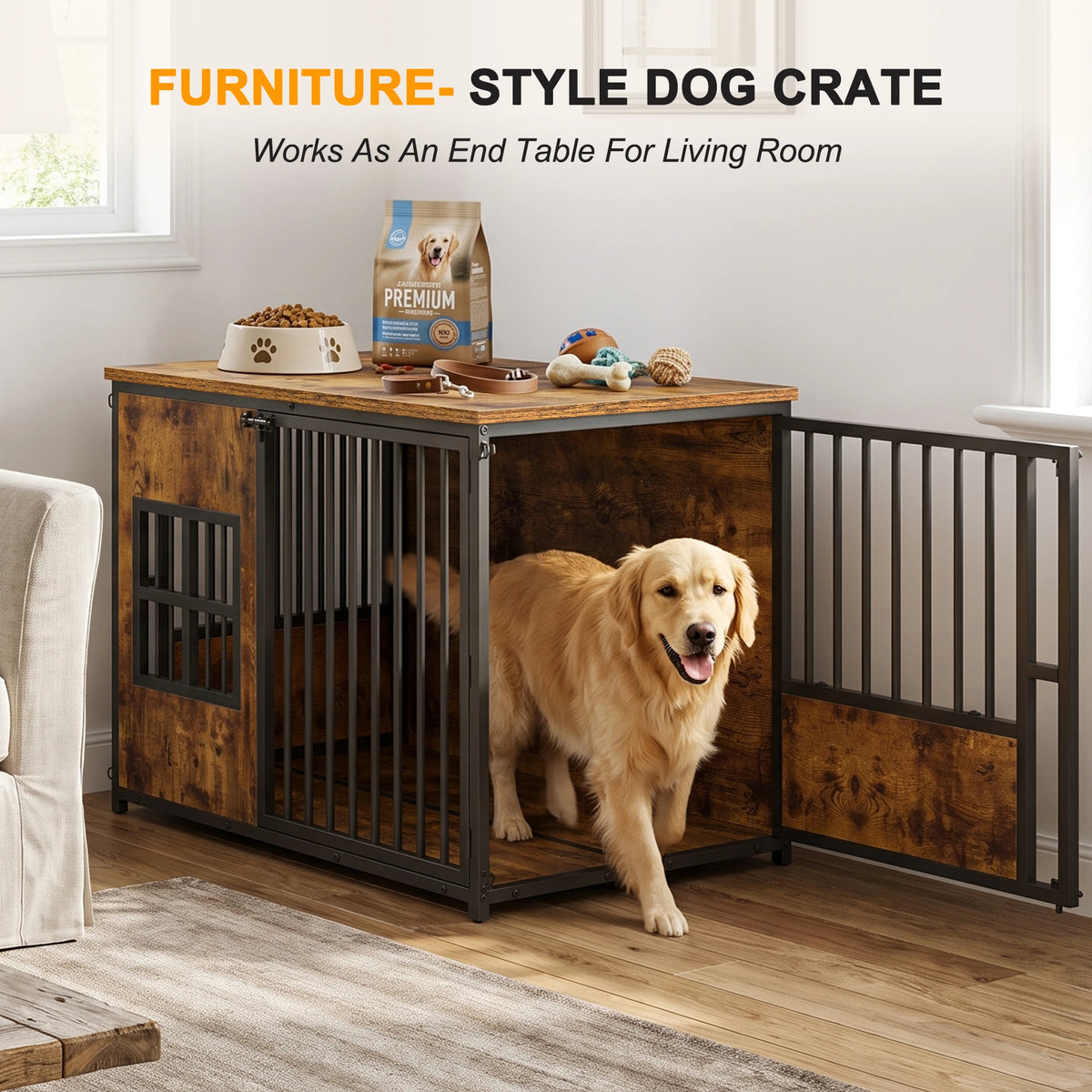 Large Wooden Dog Crate Furniture Indoor Pet Cage Kennel with Storage Top and Removable Cover for Small Medium Dogs