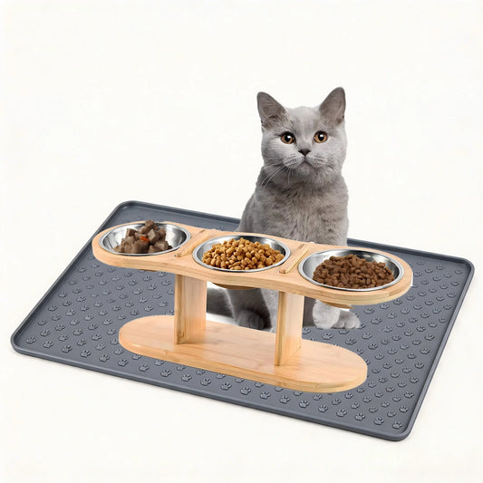 Tilted Raised Cat Feeder with Stainless Steel Bowls and Mat
