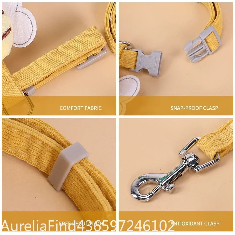 Cartoon Bee Double‑Layer Pet Harness Collar Leash Set Adjustable For Cat Small Medium Dog Outdoor Walking Supply