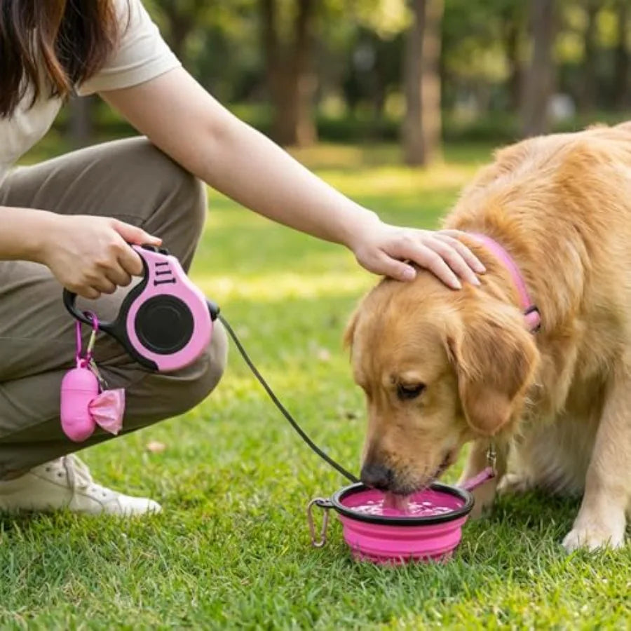 PETIMP Retractable Dog Leash Lightweight 16FT Leash Set with Folding Bowl, Dispenser, Waste Bags, for Small Medium Dogs Pink