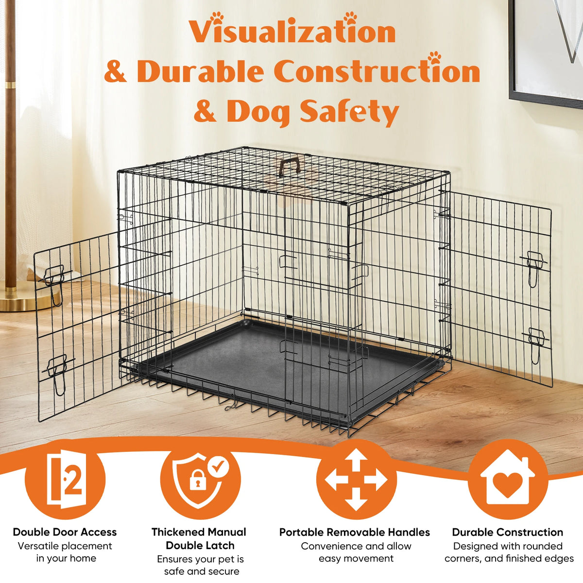 JHK 48 Inch Double Door Folding Metal Wire Dog Cage with Plastic Leak-Proof Pan Tray Extra Large Pet Kennel for Outdoor Travel