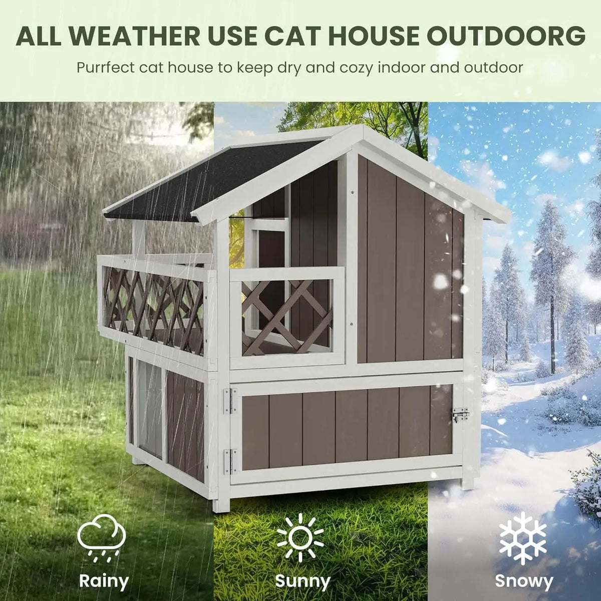 HiMISS Wooden Two Level Weatherproof Cat House With Balcony