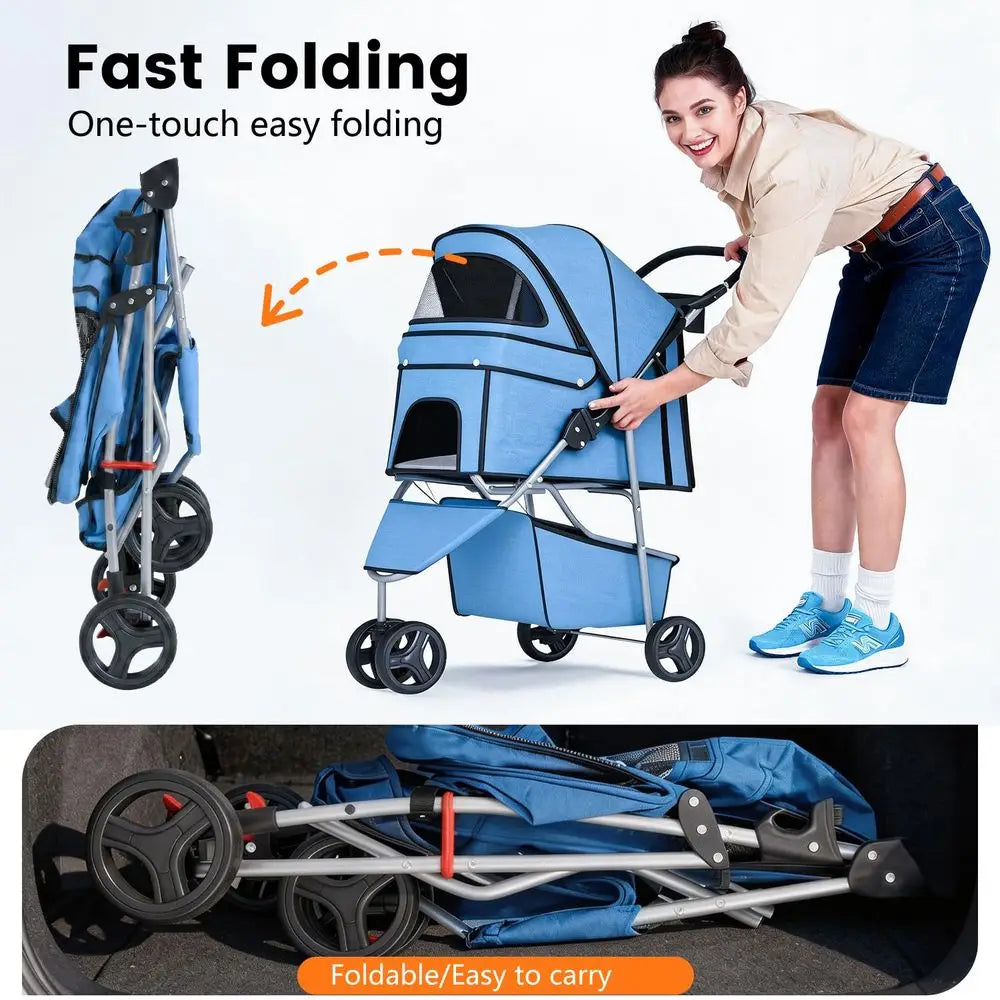 3-Wheel Pet Stroller, Dog and Cat Stroller, Breathable Mesh, Lightweight Travel Carrier, Waterproof & Foldable Design, Storage B