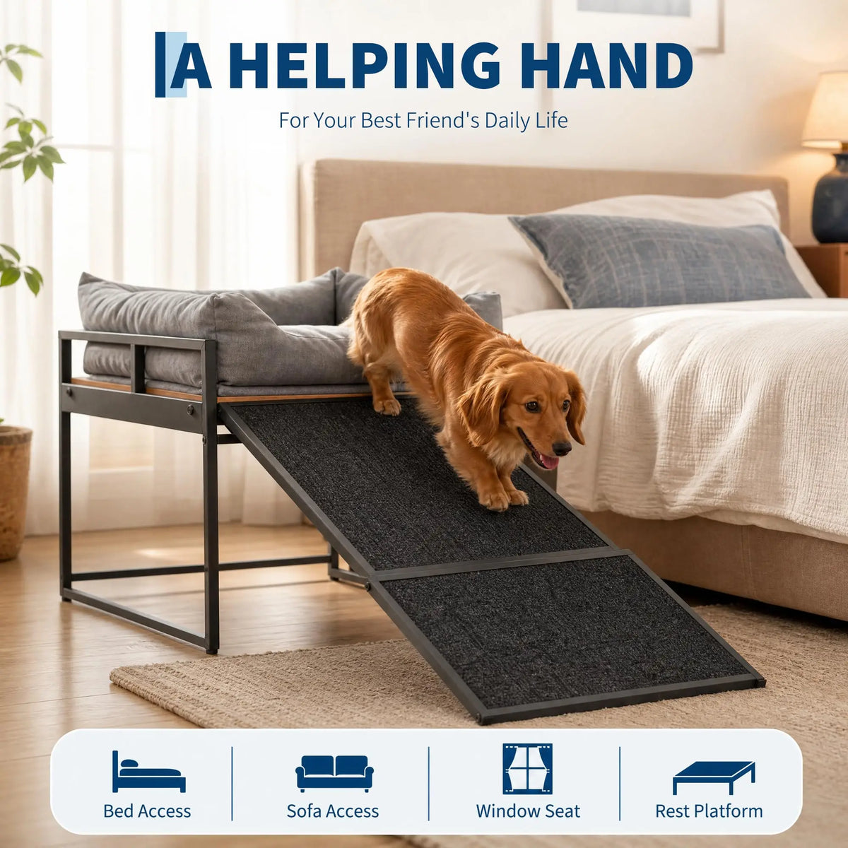 Elevated Dog Bed Ramp With Non Slip Access And Bolster Cushion