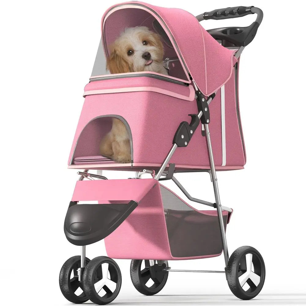 Pet Stroller with 3 Wheels or Small/Medium Pets, Portable Travel oldable Carrier Jogger or Dog Cat Puppy Kitty, Rear Wheel Break