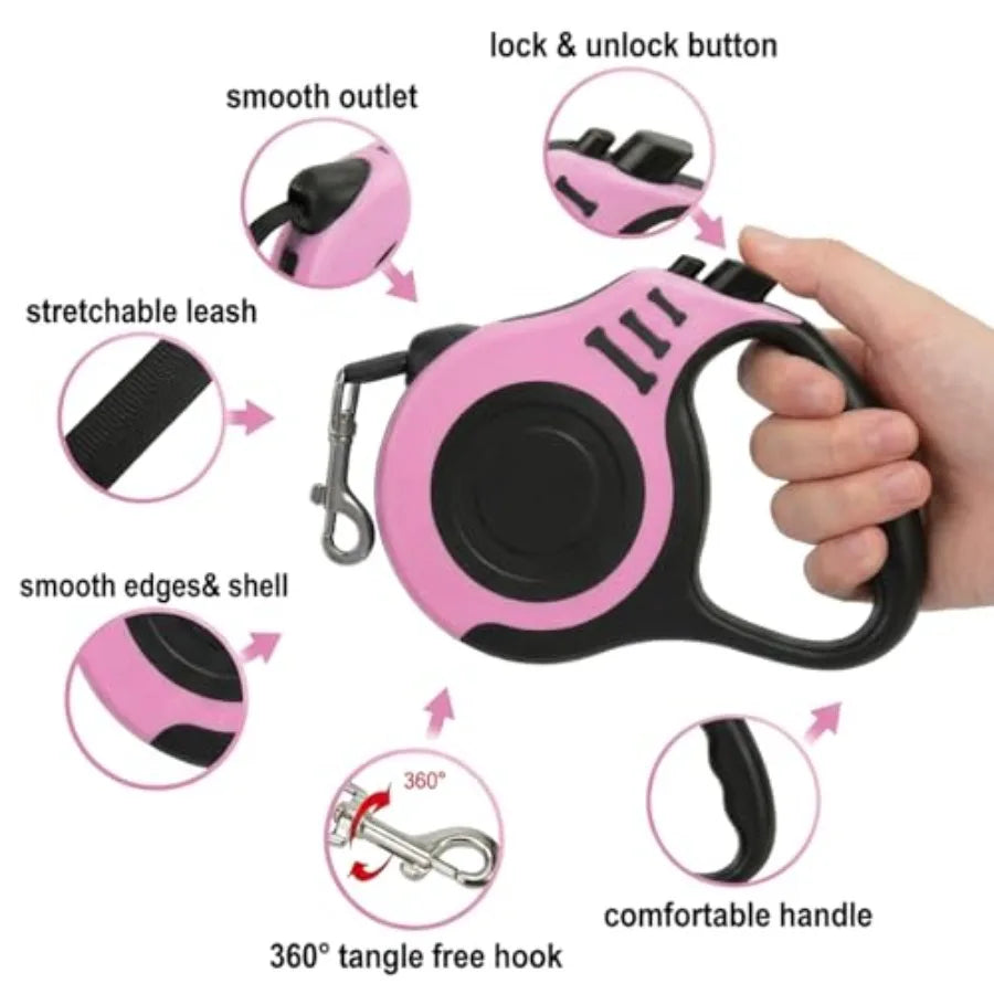 PETIMP Retractable Dog Leash Lightweight 16FT Leash Set with Folding Bowl, Dispenser, Waste Bags, for Small Medium Dogs Pink