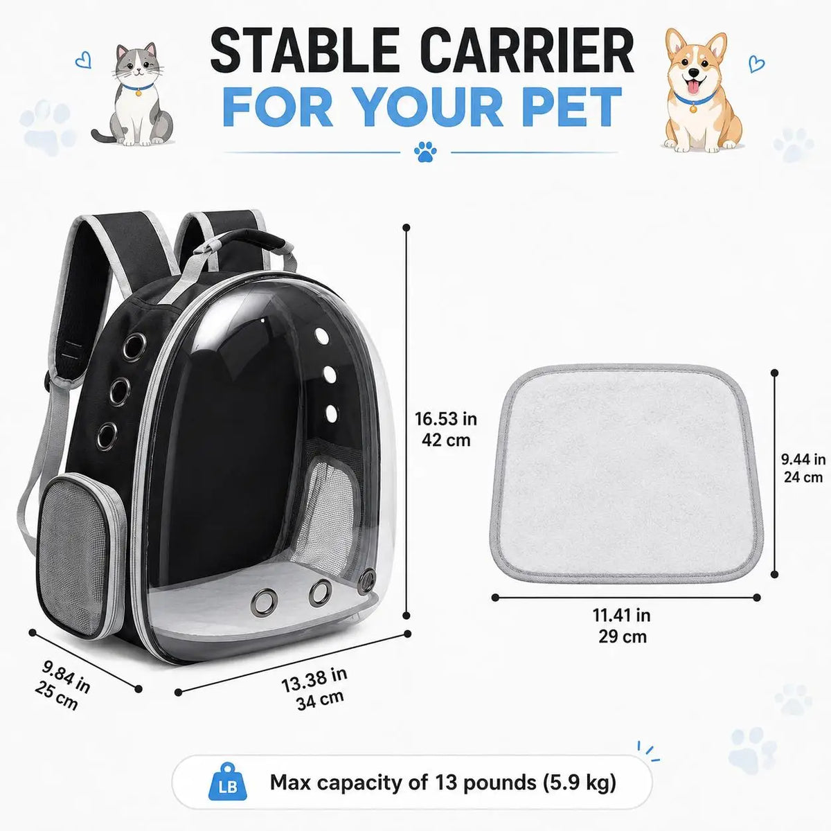 Space Capsule Cat Backpack Airline Approved Pet Carrier Breathable Bubble Travel Bag for Small Medium Dogs Cats Puppy Kitten Outdoor Hiking Portable Carrying Backpack Mochila Padded Straps Black