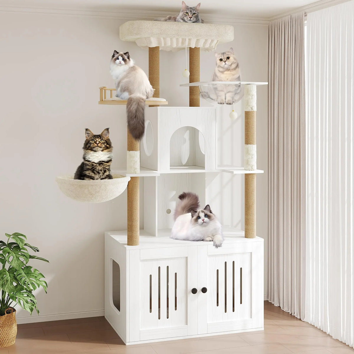 HOSSLLY Cat Tree With Hidden Litter Box And Scratching Posts