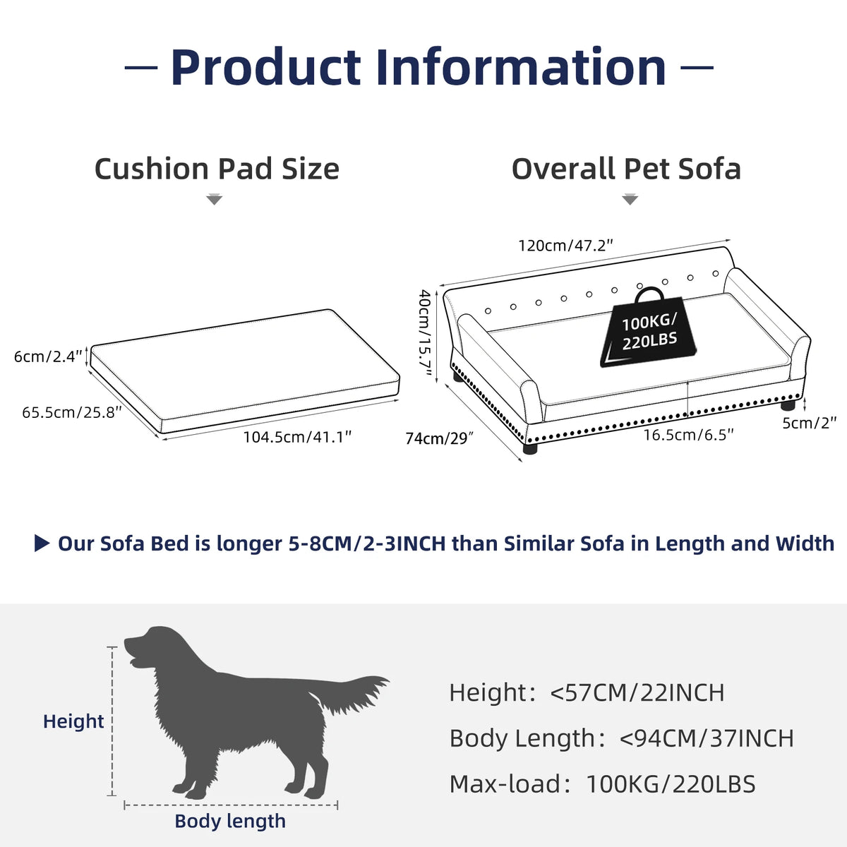 Extra Large Dog Sofa Couch Bed for Medium to Large Dogs Elevated Pet Sofa Lounge Furniture Removable Sponge Cushion