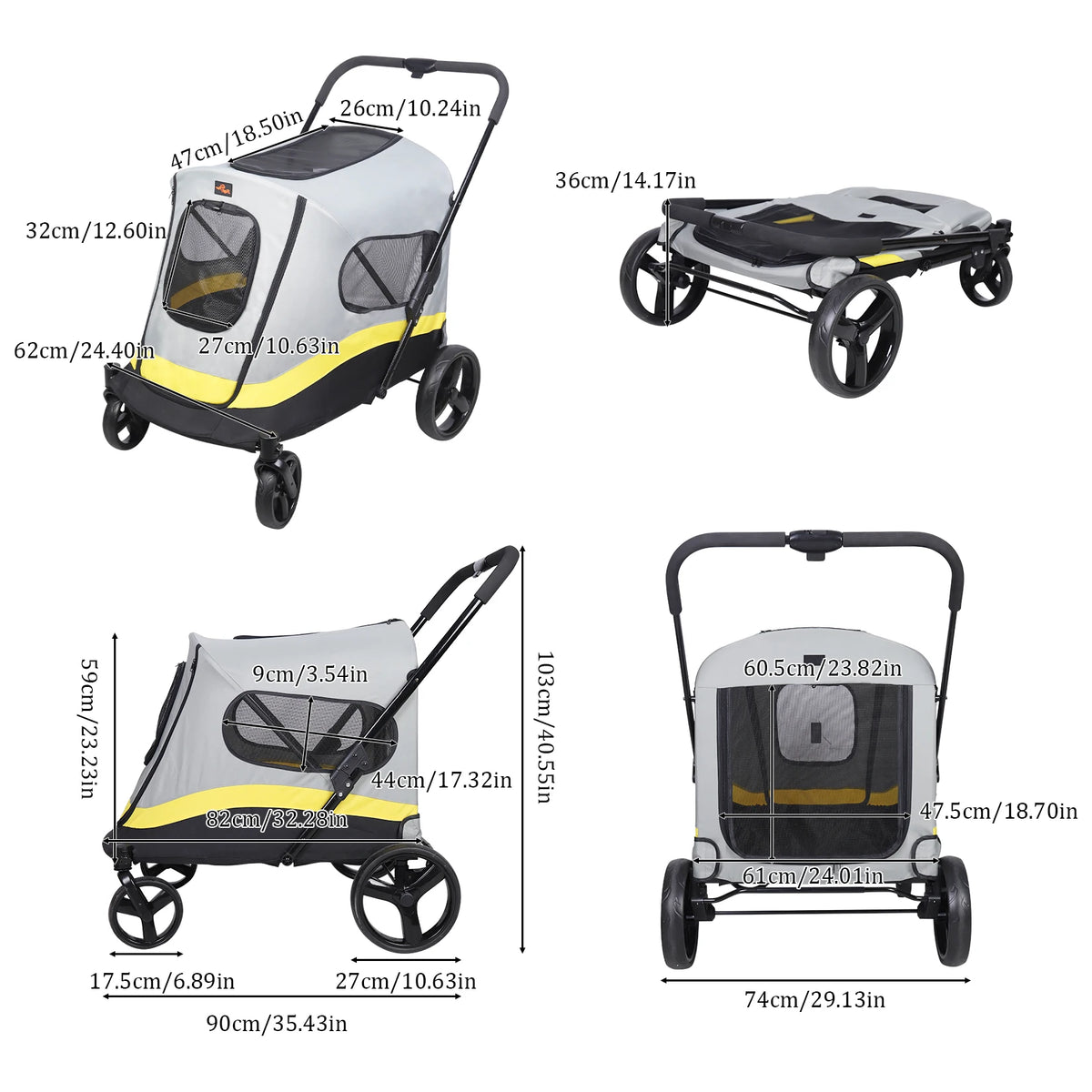2 Sizes One-click Folding Dog Stroller 4 Wheels Dog Jogger Wagon Stroller Breathable and Visible Mesh for Small to Large Dogs Pet Jogging Carriage Stroller